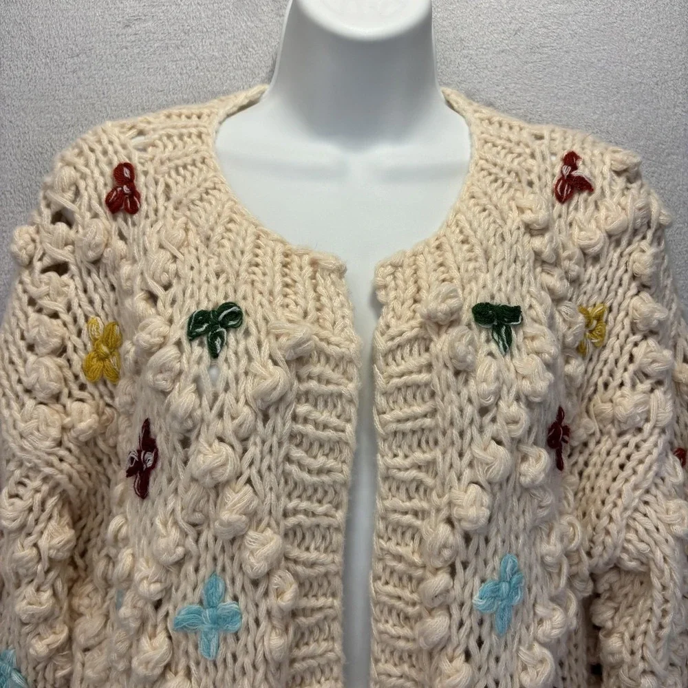 SAACHI Aria Anthropologie Popcorn Knit Cardigan Sweater S Chunky Rainbow Cottage
